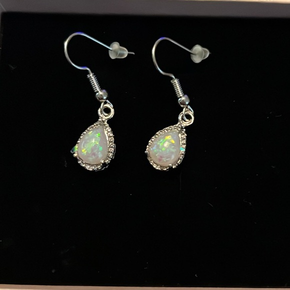 New Silver Teardrop Opal Earrings - Picture 2 of 6